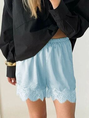 Light Blue Satin Lace Trim Shorts